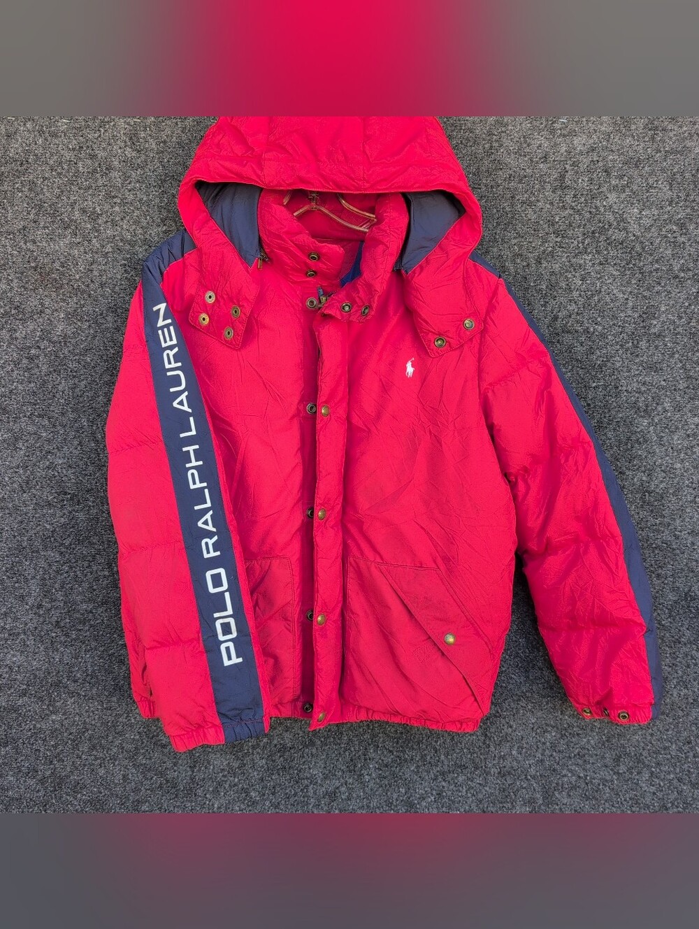 Polo Ralph Lauren Down Jacket Youth Extra Large Red Sleeve Spell Out Pony Logo